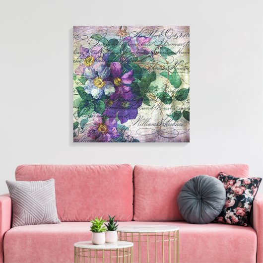 Clematis Vine Handschrift Ephemera Canvas Afdruk (Insitu (Woonkamer))