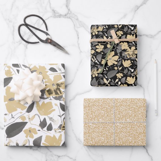 Clematis Waterverf Gold Grey Black Floral Pattern Inpakpapier Vel (Voorkant)