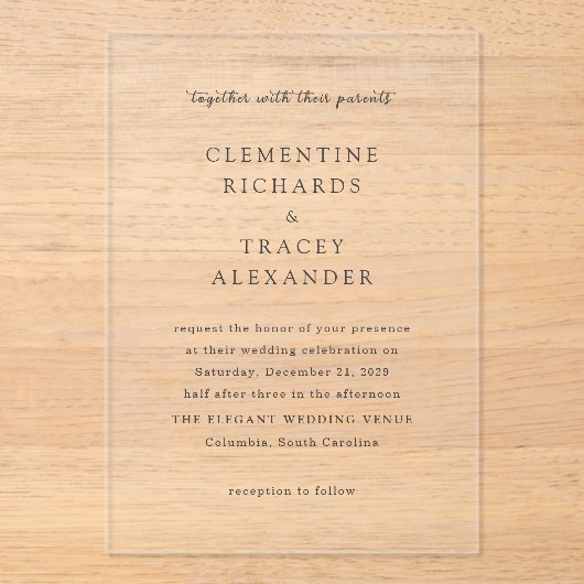 Clementine Elegant Modern Wedding Acryl Uitnodigingen (Voorkant)