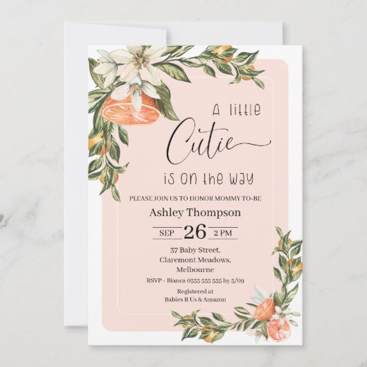 Clementine Little Cutie Baby shower Invitation Kaart (Voorkant)