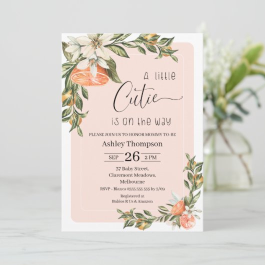 Clementine Little Cutie Baby shower Invitation Kaart (Staand voorkant)