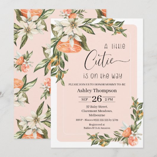 Clementine Little Cutie Baby shower Invitation Kaart (Voorkant / Achterkant)