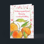 Clementines Fruit Gelukkige Verjaardag Vriend Cust Kaart<br><div class="desc">Een  op maat gemaakt vrolijk verjaardagsfeest wenskaart versierd met een trio van felle sinaasappels clementines getekend met inkt en beschilderd met waterverf op een rode waterverf spatten achtergrond. Een vrolijke kaart om aan te passen met naam en boodschap voor een speciaal persoon in je leven!</div>