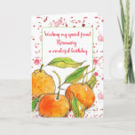 Clementines Fruit Happy Birthday Friend Kaart<br><div class="desc">Een  wenskaart voor een gefeliciteerde verjaardag met een trio heldere oranje clementines die met inkt worden getekend en met waterverf op een rode waterverf spatter achtergrond worden geschilderd.  Een vrolijke kaart om je aan te passen met naam en bericht voor een speciale persoon in je leven!</div>