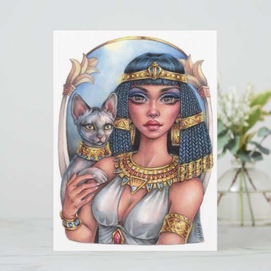 Cleo Godin Sphynx Kat Koningin Fantasy Kunstkaart (Staand voorkant)