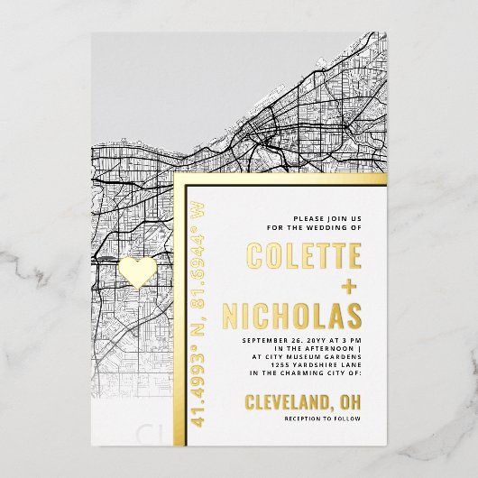 Cleveland Love Locator | Stad thema bruiloft Folie Uitnodiging (Voorkant)