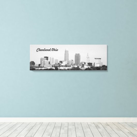 Cleveland OH B&W Lake Skyline Canvas Print (Insitu (Houten vloer))