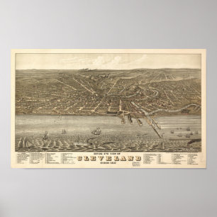 Cleveland Ohio 1877 Antiek Panoramische Kaart Poster
