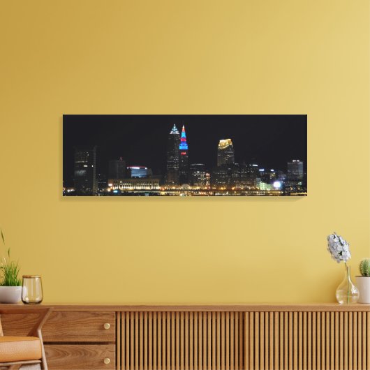 Cleveland Ohio Night Skyline (rood/blauw) Print (Insitu (Woonkamer))