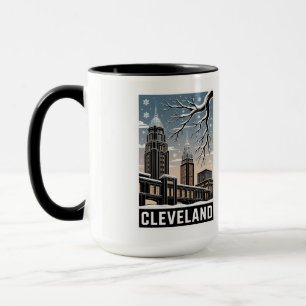 Cleveland Ohio Silhouet Winter Houtsnede Zwart&Wit Mok