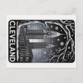 Cleveland Ohio Skyline Winter Woodcut Black&White Briefkaart (Voorkant)