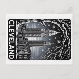 Cleveland Ohio Skyline Winter Woodcut Black&White Briefkaart
