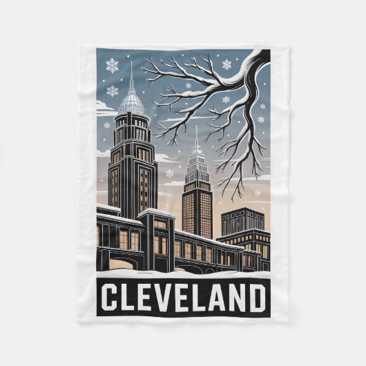 Cleveland Ohio Skyline Winter Woodcut Black&White Fleece Deken (Voorkant)