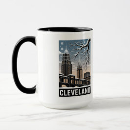 Cleveland Ohio Skyline Winter Woodcut Black&White Mok