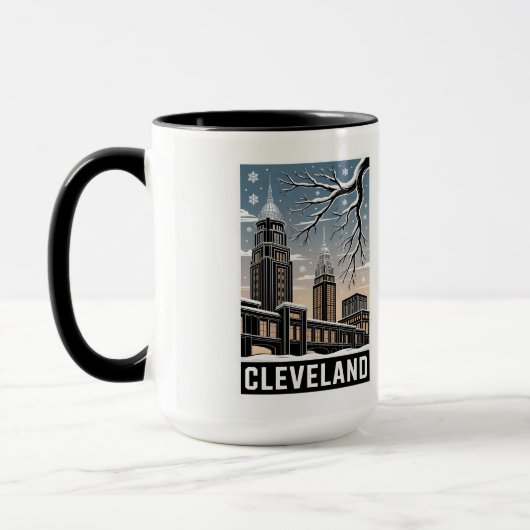 Cleveland Ohio Skyline Winter Woodcut Black&White Mok (Links)