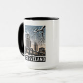 Cleveland Ohio Skyline Winter Woodcut Black&White Mok (Voorkant links)