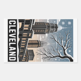Cleveland Ohio Skyline Winter Woodcut Black&White Rechthoekige Sticker