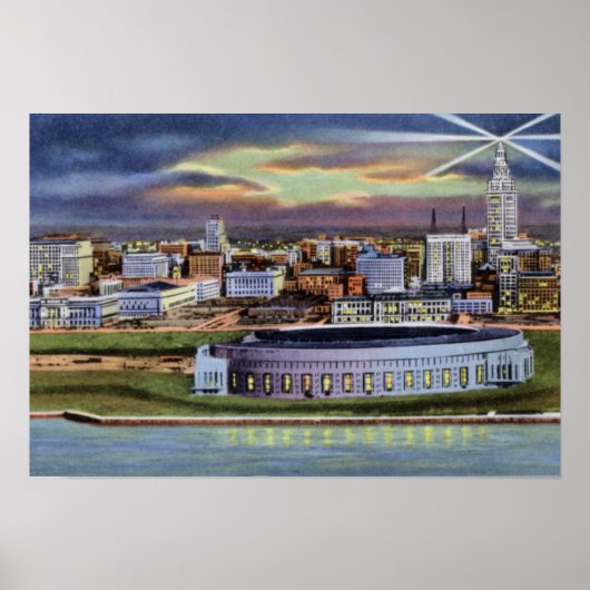 Cleveland Ohio Stadium en Skyline at Night Poster (Voorkant)