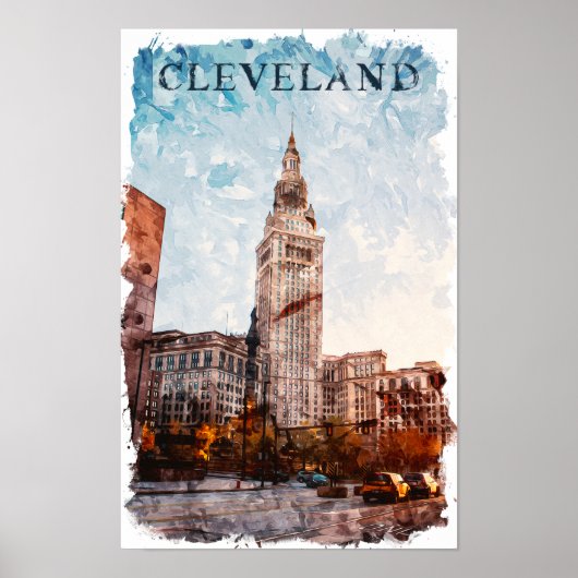 Cleveland Ohio Waterverf City Uitzicht Poster (Voorkant)