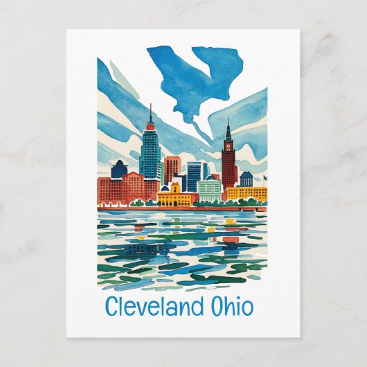 Cleveland Ohio Waterverf Skyline Briefkaart (Voorkant)