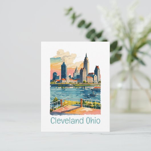Cleveland Ohio Waterverf Skyline Feestdagenkaart (Staand voorkant)