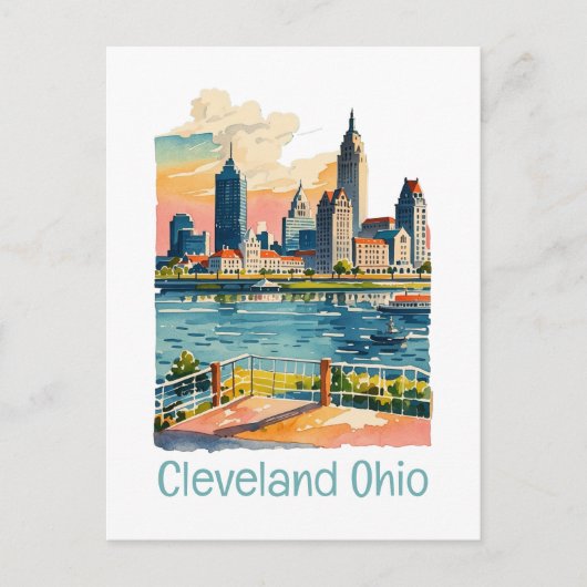 Cleveland Ohio Waterverf Skyline Feestdagenkaart (Voorkant)