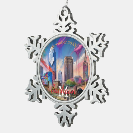 Cleveland Snowflake Pewter Kerstversiering Tin Sneeuwvlok Ornament (Rechts)