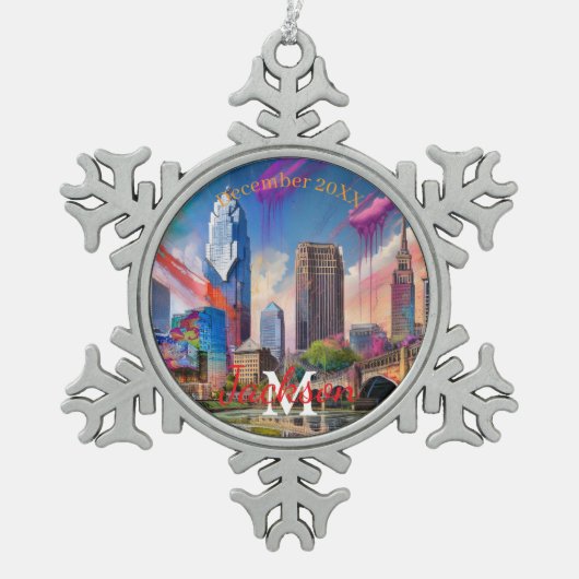 Cleveland Snowflake Pewter Kerstversiering Tin Sneeuwvlok Ornament (Voorkant)