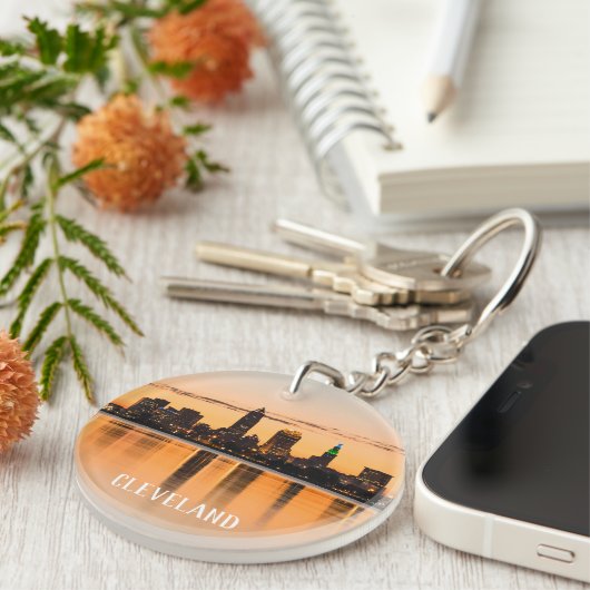 Cleveland stad Ohio zonsondergang skyline rivierla Sleutelhanger (Voorkant Rechts)