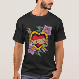 Clic Mom Heart and Flowers Old School Tattoo Art T-shirt