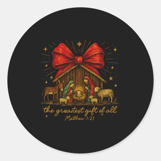 Clic Nativity Scene – Greatest Gift Matthew 1_21  Ronde Sticker (Voorkant)