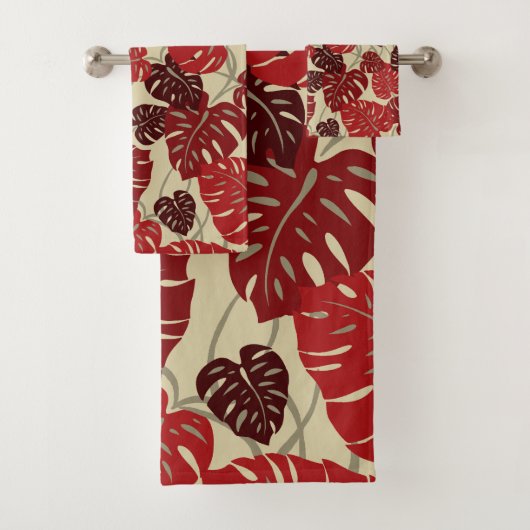 Cliff Hanger Hawaiian Monstera Leaf Coordinate Red Bad Handdoek (Insitu)