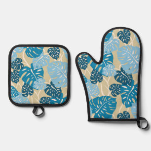 Cliff Hanger Hawaiian Monstera Leaf Denim Blues Ovenwant & Pannenlap Set
