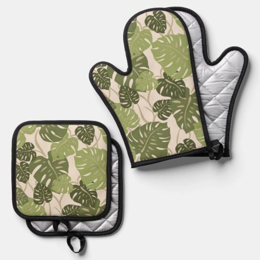Cliff Hanger Hawaiian Monstera Leaf Green Ovenwant & Pannenlap Set (Voorkant / Achterkant)