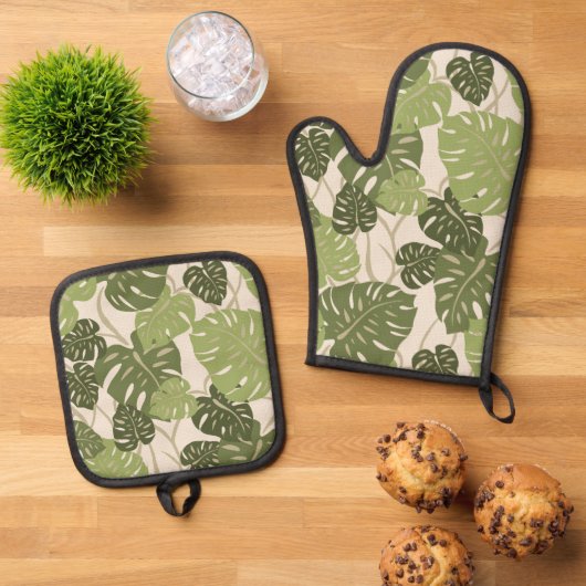 Cliff Hanger Hawaiian Monstera Leaf Green Ovenwant & Pannenlap Set (Top down)