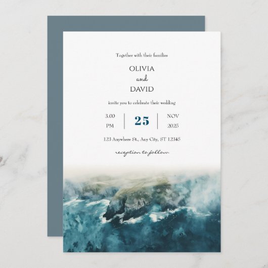 Cliffs Highland Coast Waterverf Beach Bruiloft Kaart (Voorkant / Achterkant)