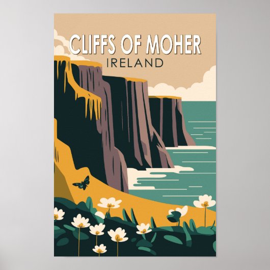 Cliffs of Moher Ireland Floral Travel Art  Poster (Voorkant)