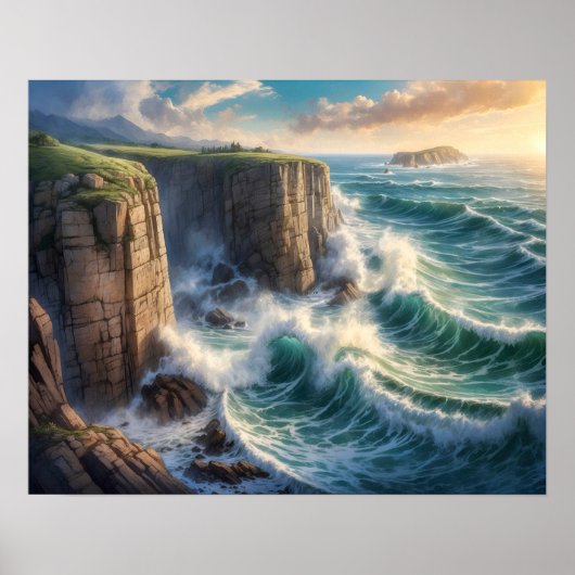 Cliffside Blue Ocean Waves Kustgolf Poster (Voorkant)