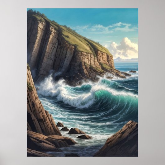 Cliffside Bruine Blauwe Oceaan Golven Aan Zee Poster (Voorkant)