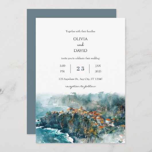 Cliffside Coastal Village Waterverf Beach Bruiloft Kaart (Voorkant / Achterkant)