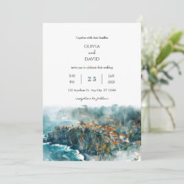 Cliffside Coastal Village Waterverf Beach Bruiloft Kaart