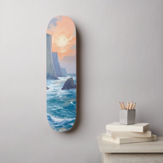 Cliffside Cove | Coastal Ocean Watercolor Painting Persoonlijk Skateboard (Muurkunst)