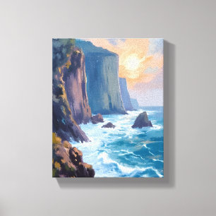 Cliffside Cove   Watercolor Schilderij van de Kust Canvas Afdruk