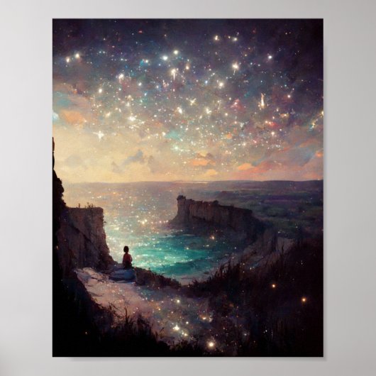 Cliffside Night Fantasy Landscape Sci-Fi Poster (Voorkant)