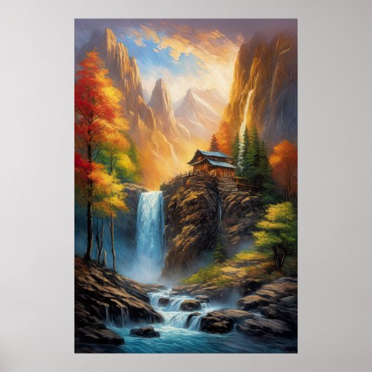 Clifftop Retreat: Houten Cabine bij de waterval Poster (Voorkant)