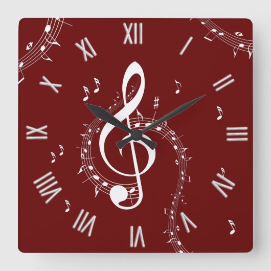 Climactic G Clef Music Red Roman Numerals Vierkante Klok (Voorkant)