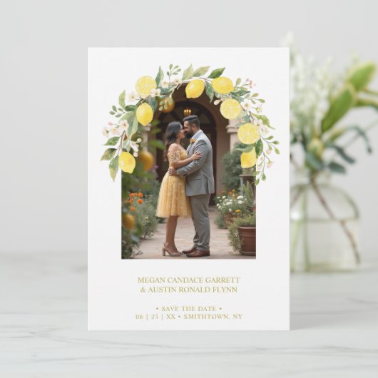 Climbing Lemon and Flowers Arch Photo Wedding Save The Date (Staand voorkant)