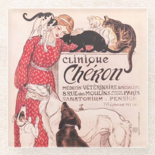 Clinique Cheron  Dog Cat Steinlen Poster Glazen Onderzetter (Voorkant)