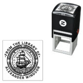 Clipper schip zeilboot rond bibliotheek boeknaam  zelfinktende stempel (In situ)