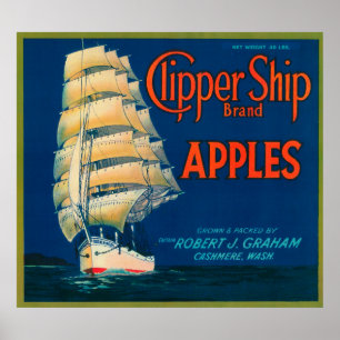 Clipper Ship Apple Label (groen) - Cashmere, WA Poster
